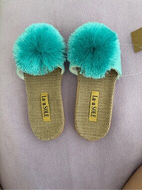 Turquoise Pom-Pom Slide Sandals for Women